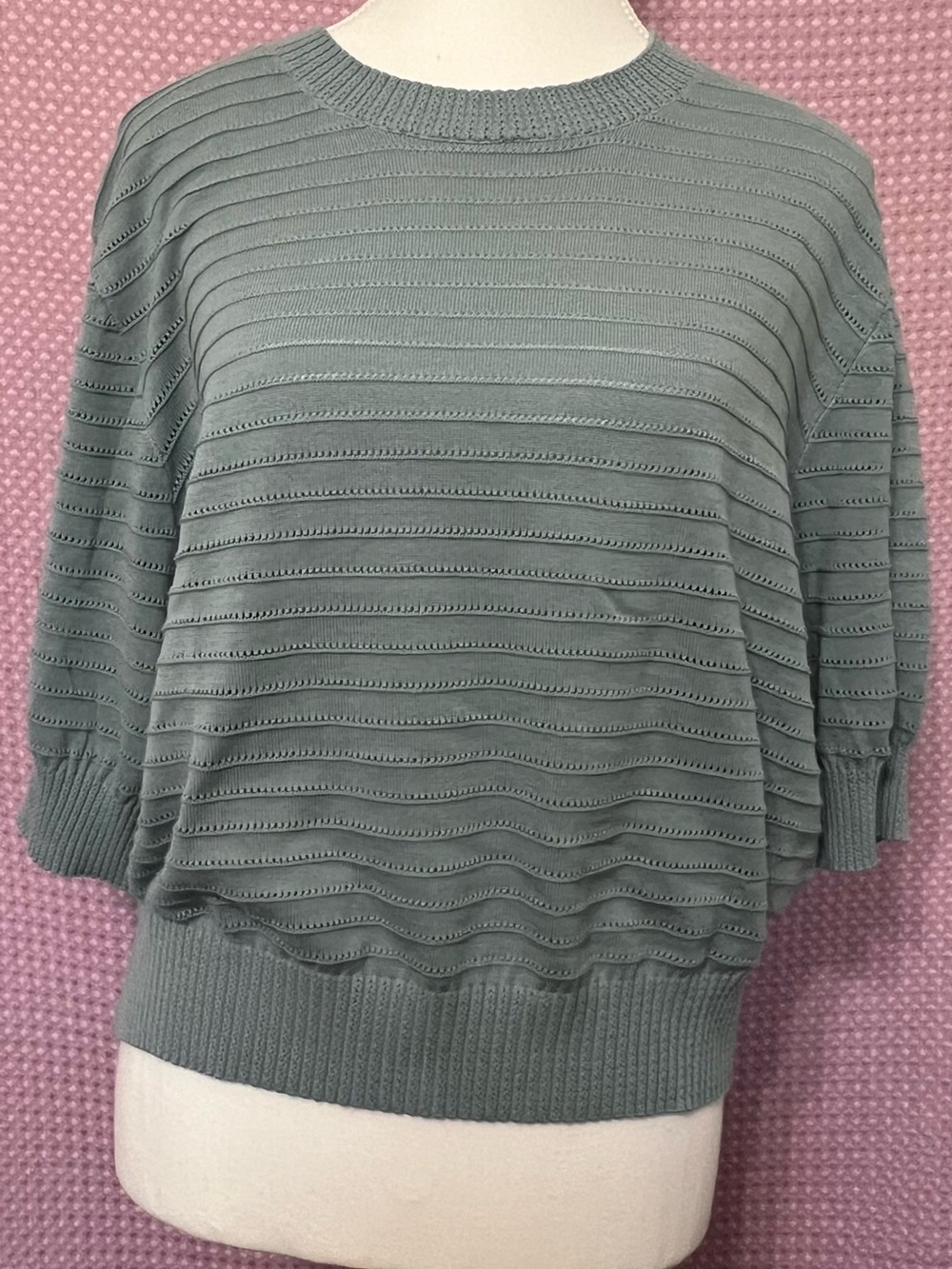 Frye Sage Green Eyelet-Striped Knit Crewneck Sweater